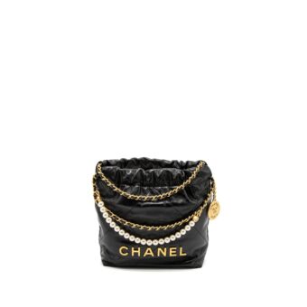 Chanel 23S Mini 22 Bag with Pearl Shiny Calfskin Black Brushed GHW (Microchip)