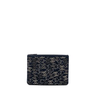Chanel Double Side Zip Pouch/Zip Clutch Fabric Black Ruthenium Hardware