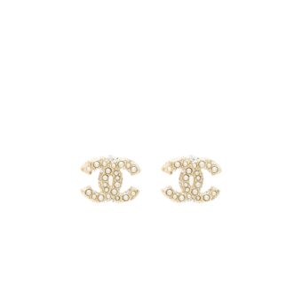 Chanel Classic Mini CC Logo Earrings Pearl/Crystal Light Gold Tone