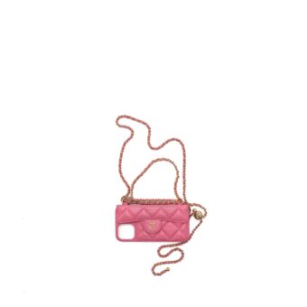 Chanel 21P pearl crush phone case with chain for iPhone 12 lambskin pink LGHW