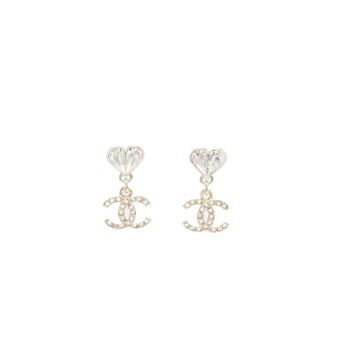 Chanel Heart CC Drop Earrings Crystal Light Gold Tone