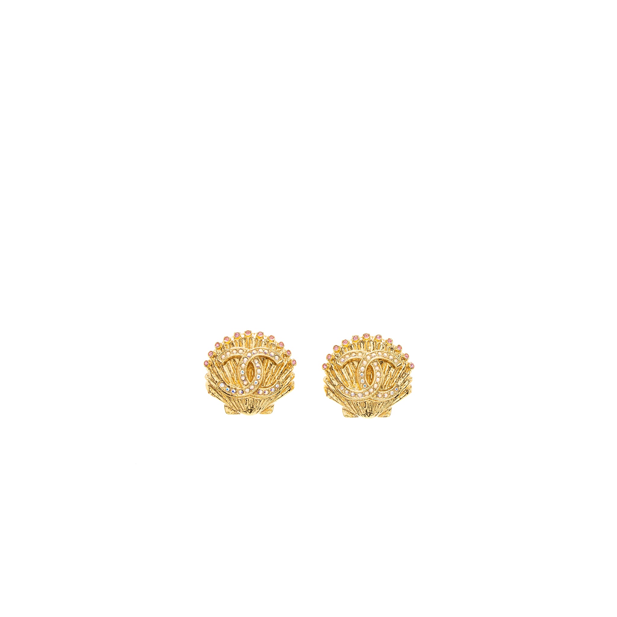 Chanel Shell CC Logo Earrings Crystal Gold Tone