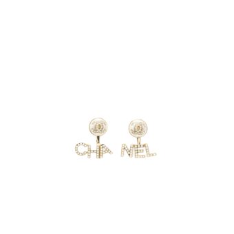 Chanel Letter/CC Logo Earrings Crystal/Pearl Light Gold Tone