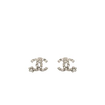 Chanel CC Logo Earrings Crystal Silver Tone