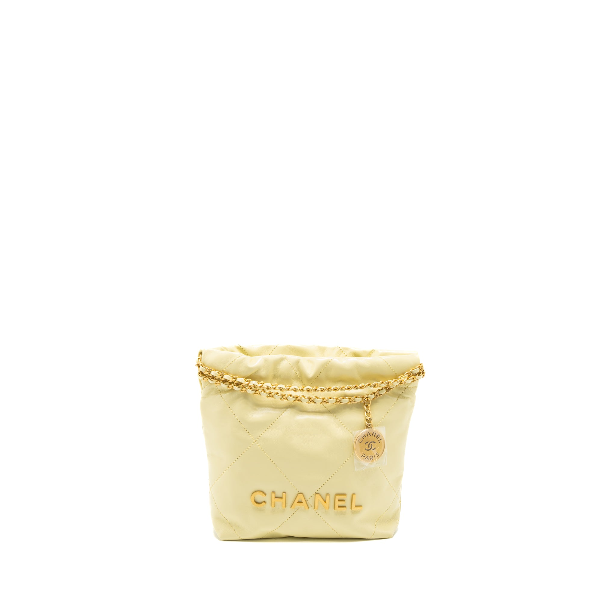 Chanel 23S Mini 22 Bag Shiny Calfskin Light Yellow Brushed GHW (Microchip)