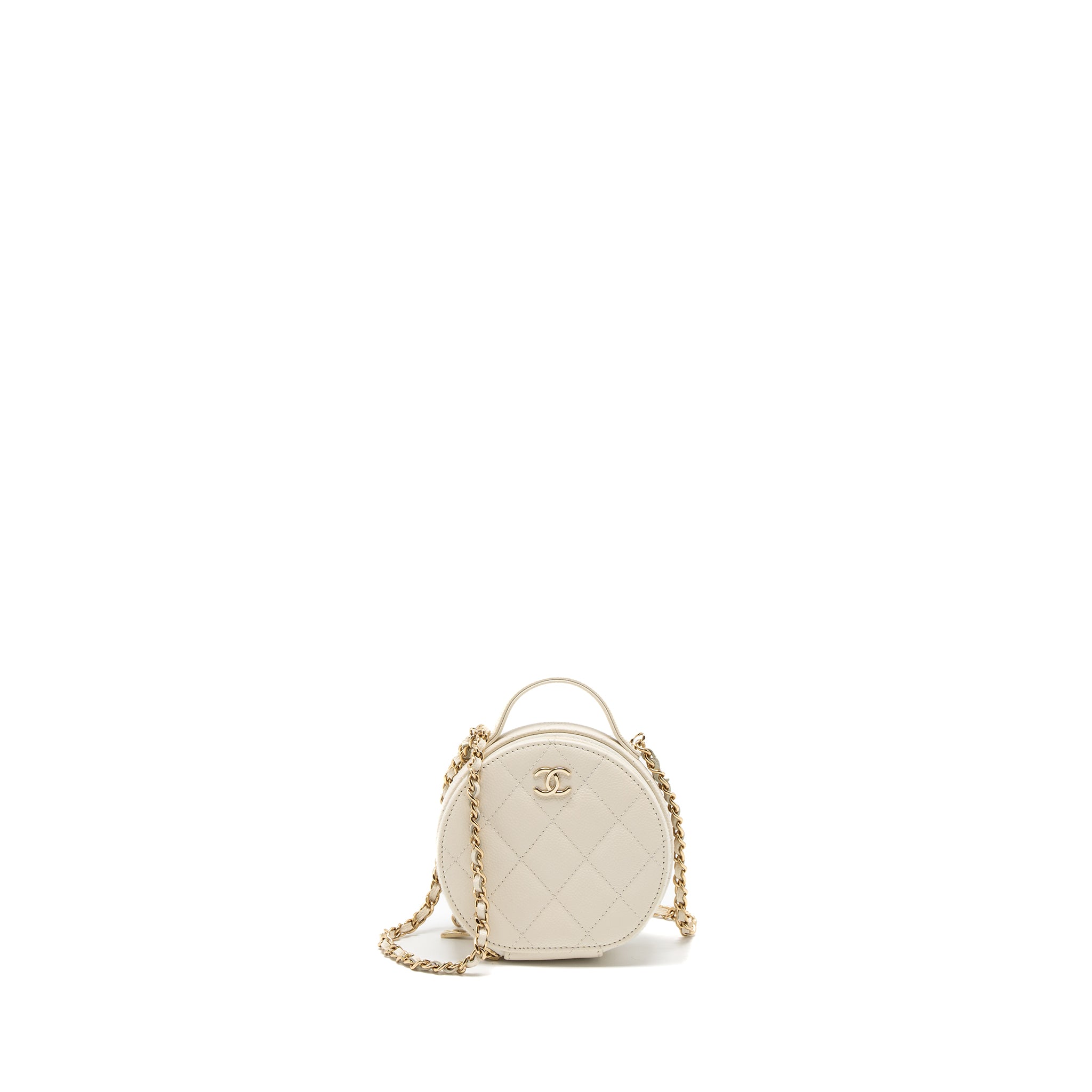 Chanel Top Handle Mini Round Vanity with Chain Caviar White LGHW