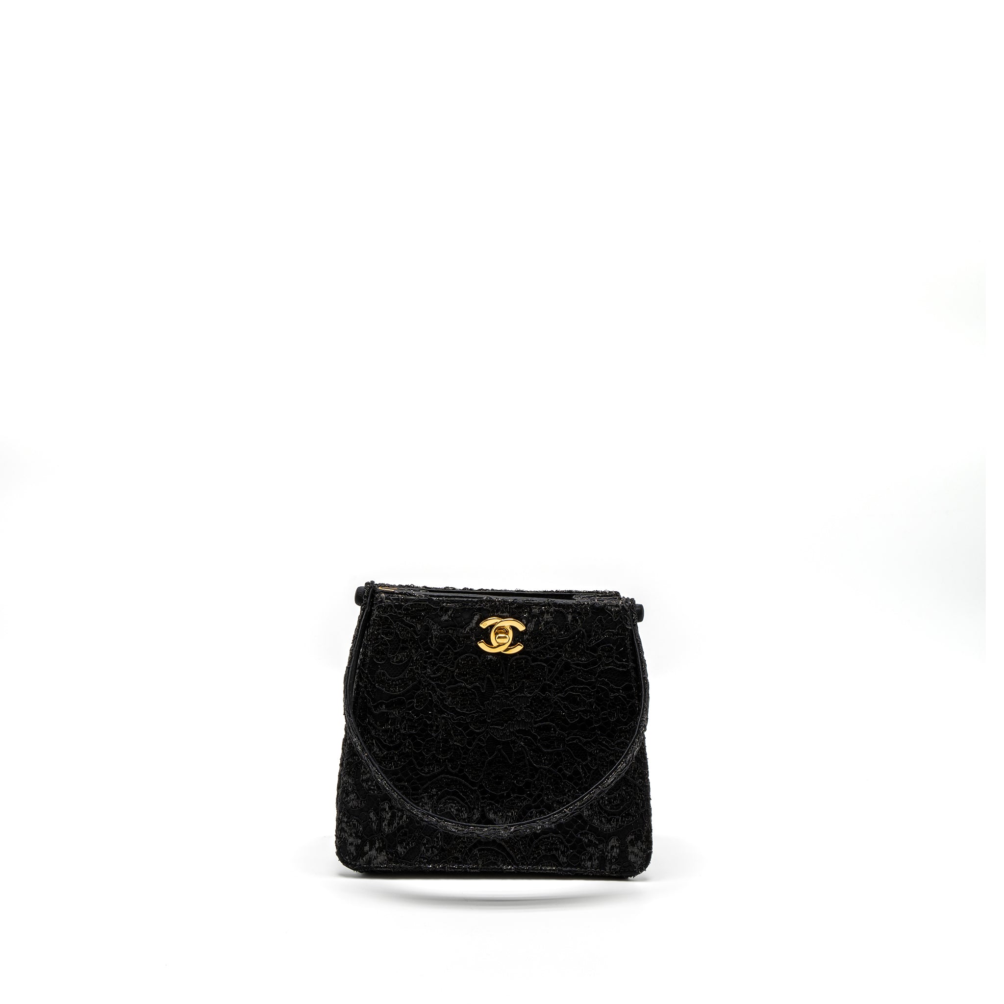 Chanel Vintage Double Sided Tumlock Handbag Laced Satin Black GHW - Image 2