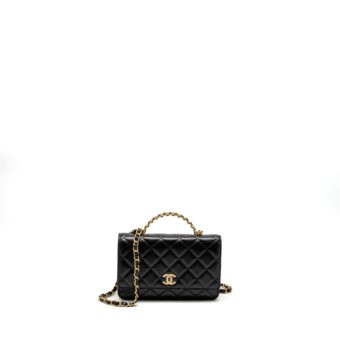 Chanel Detail Top Handle Wallet On Chain Lambskin Black Brushed GHW (Microchip)