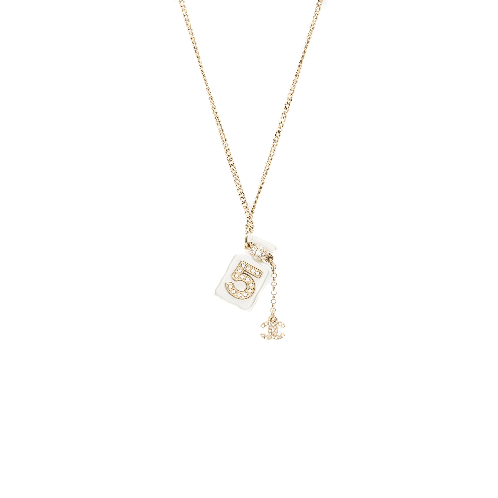 Chanel No.5 Perfume Bottle Long Necklace Light Gold Tone