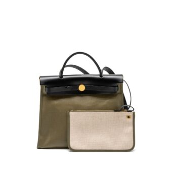 Hermes Herbag 31 Zip Bag Tolie H Berline Canvas/Vache Hunter Lichen/Ecru-Beige/Black GHW Stamp Z