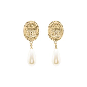 Chanel CC Logo Earrings Pearl Dropped Crystal Gold Tone
