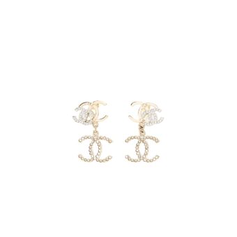 Chanel Double CC with CC Drop Earrings Crystal Light Gold Tone