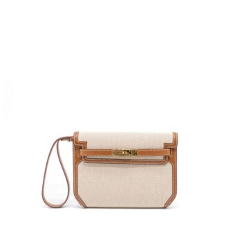 Hermes Pochette Kelly Depeches 25 Canvas/Barenia Ecru Beige/Fauve GHW Stamp Z