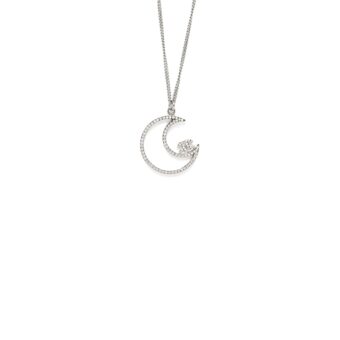 Chanel 17K Moon with CC Logo Necklace Crystal Silver Tone