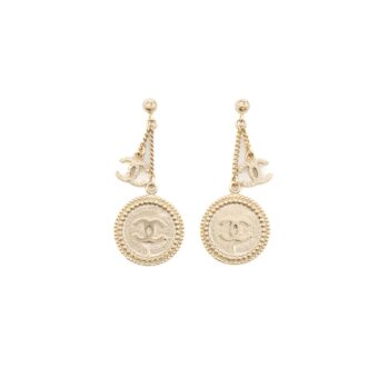 Chanel Round CC Logo Drop Earrings Gold Tone