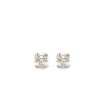 Chanel CC Logo Bow Earrings Crystal Silver Tone