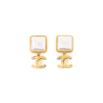 Chanel Square CC Logo Drop Earrings Gold Tone