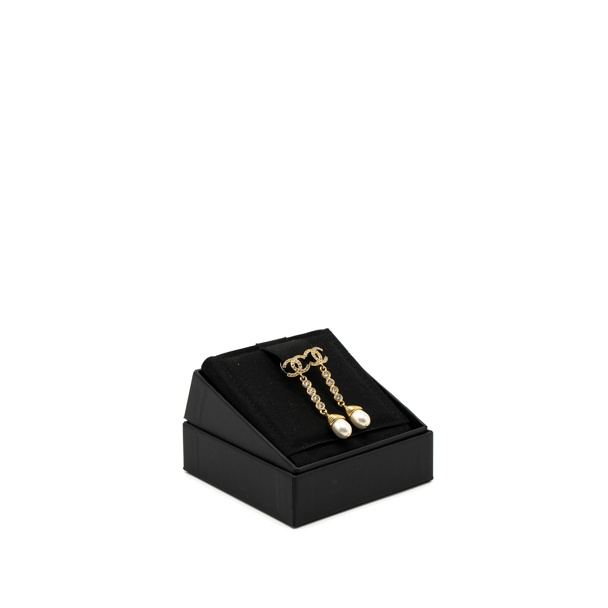 Channel CC Logo Pearl Drop Earrings Crystal Gold Tone - Image 2