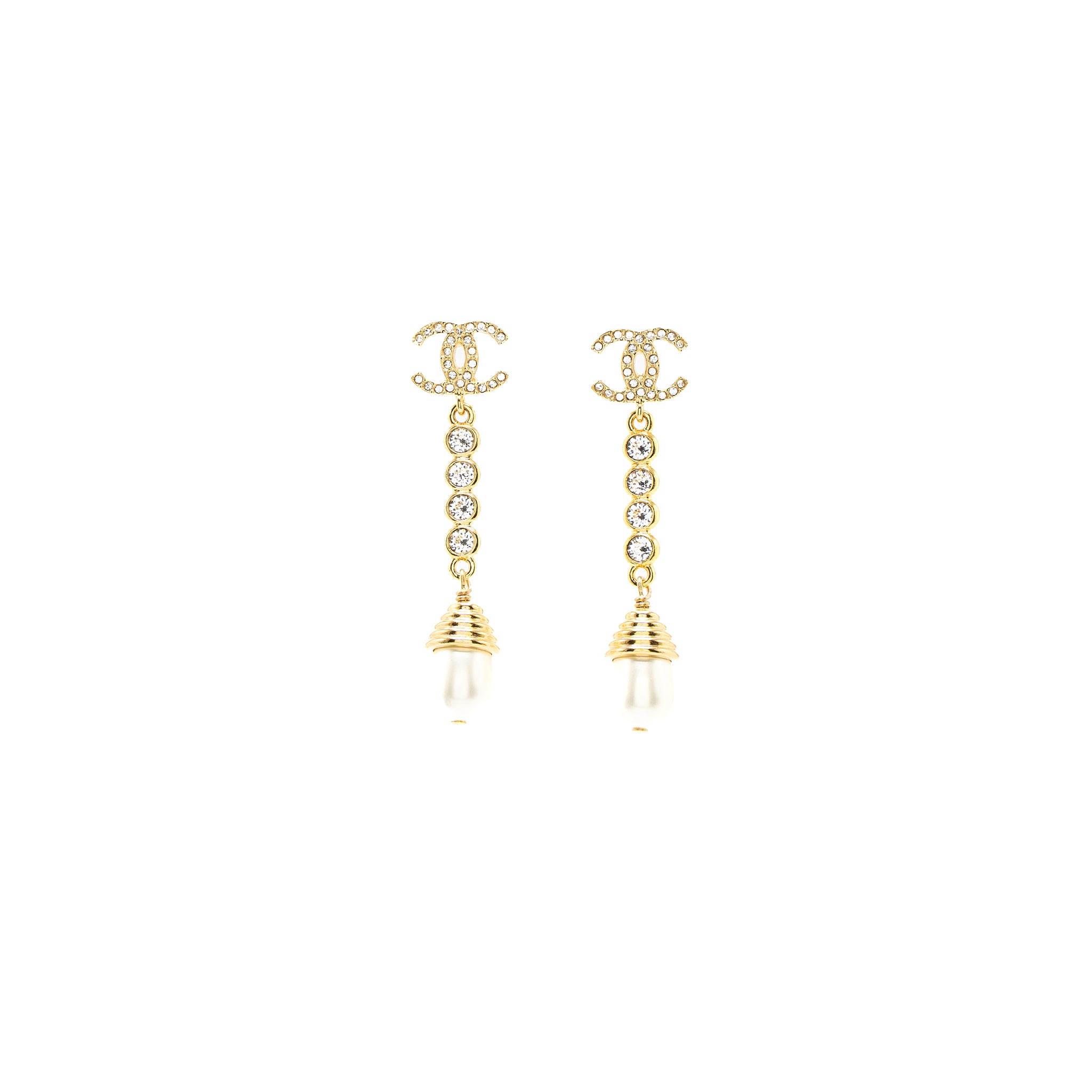 Channel CC Logo Pearl Drop Earrings Crystal Gold Tone - Image 3