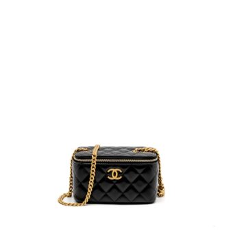 Chanel 22K Gold Pillar Adjustable Chain Long Vanity Lambskin Black Brushed GHW(Microchip)