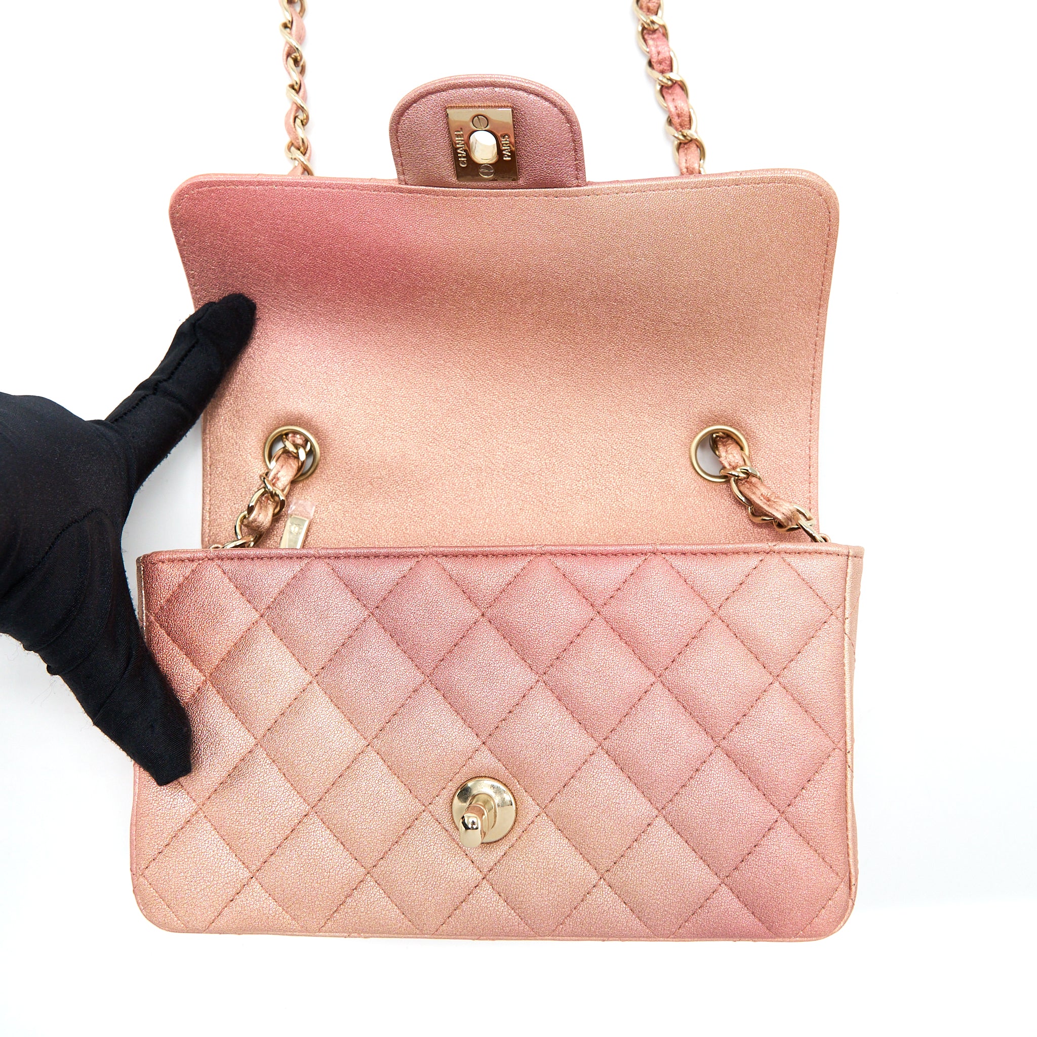 Chanel 21S Mini Rectangular Flap Bag Metallic Grained Lambskin Ombré Rose Gold LGHW - Image 11