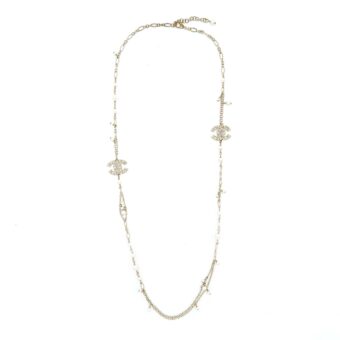 Chanel Mini Pearl CC Logo Long Necklace Light Gold Tone