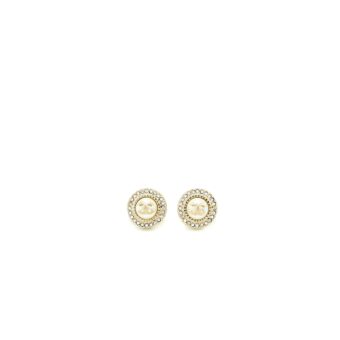 Chanel Round CC Pearl with Crystal Earrings Light Gold Tone