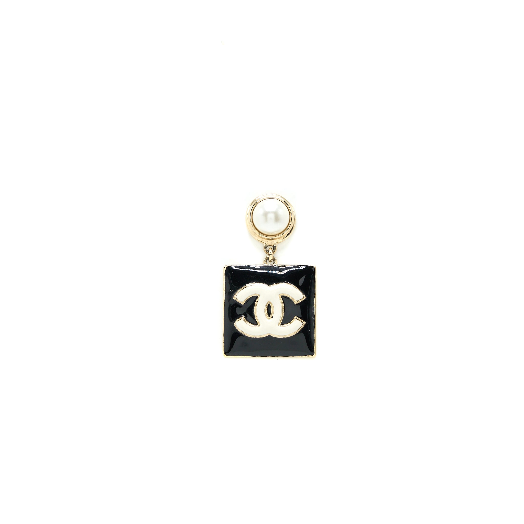 Chanel Pearl CC Square Drop Earrings Black Light Gold Tone - Image 2