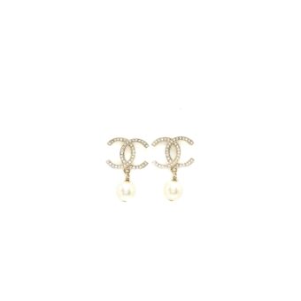 Chanel CC Logo and Pearl Drop Earrings Light Gold Tone