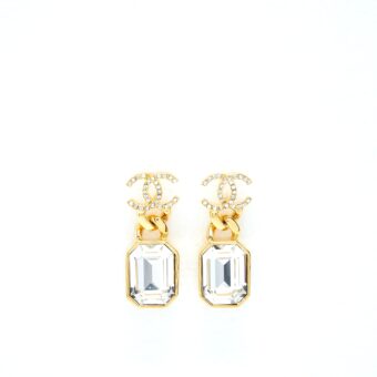 Chanel CC Logo And Crystal Drop Earring Gold Tone