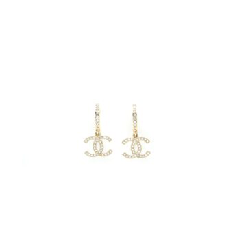 Chanel CC Logo Round Earring Crystal Light Gold Tone