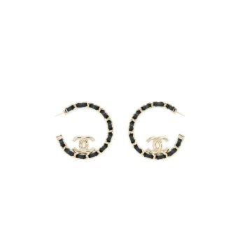 Chanel 22P Round CC With Black Leather Earrings Light Gold Tone