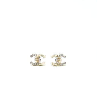 Chanel CC Logo Crystal And Pearl Ear Clips Light Gold Tone