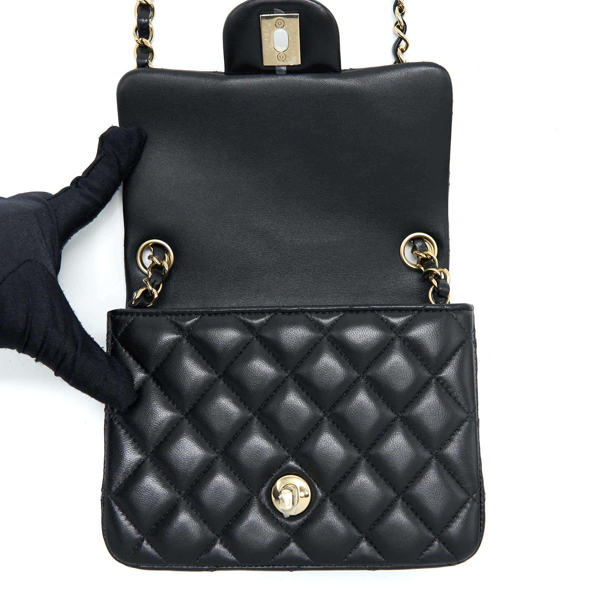Chanel Mini Square Flap Bag Lambskin Black LGHW (Microchip) - Image 11