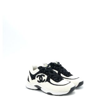 Chanel Size 38.5 22A Trainers Printed Suede Calfskin Black/White