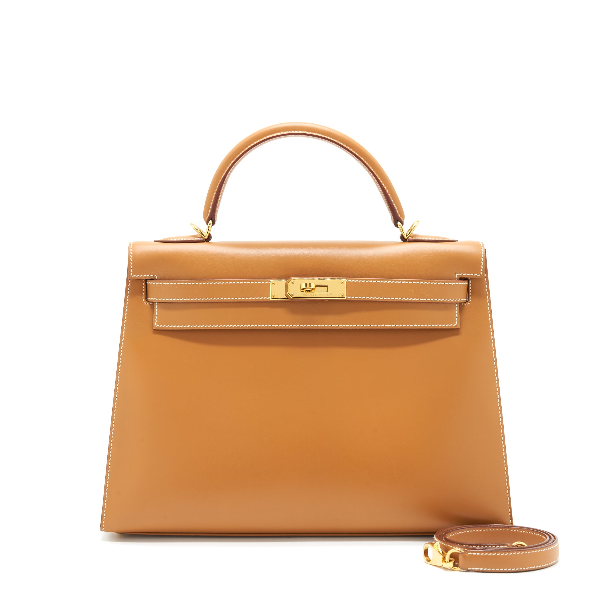 Hermes Vintage Kelly 32 Box Leather Natural Sable GHW Stamp Square D