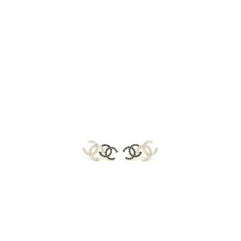 Chanel Double CC Logo Crystal Earrings Black and White Light Gold Tone