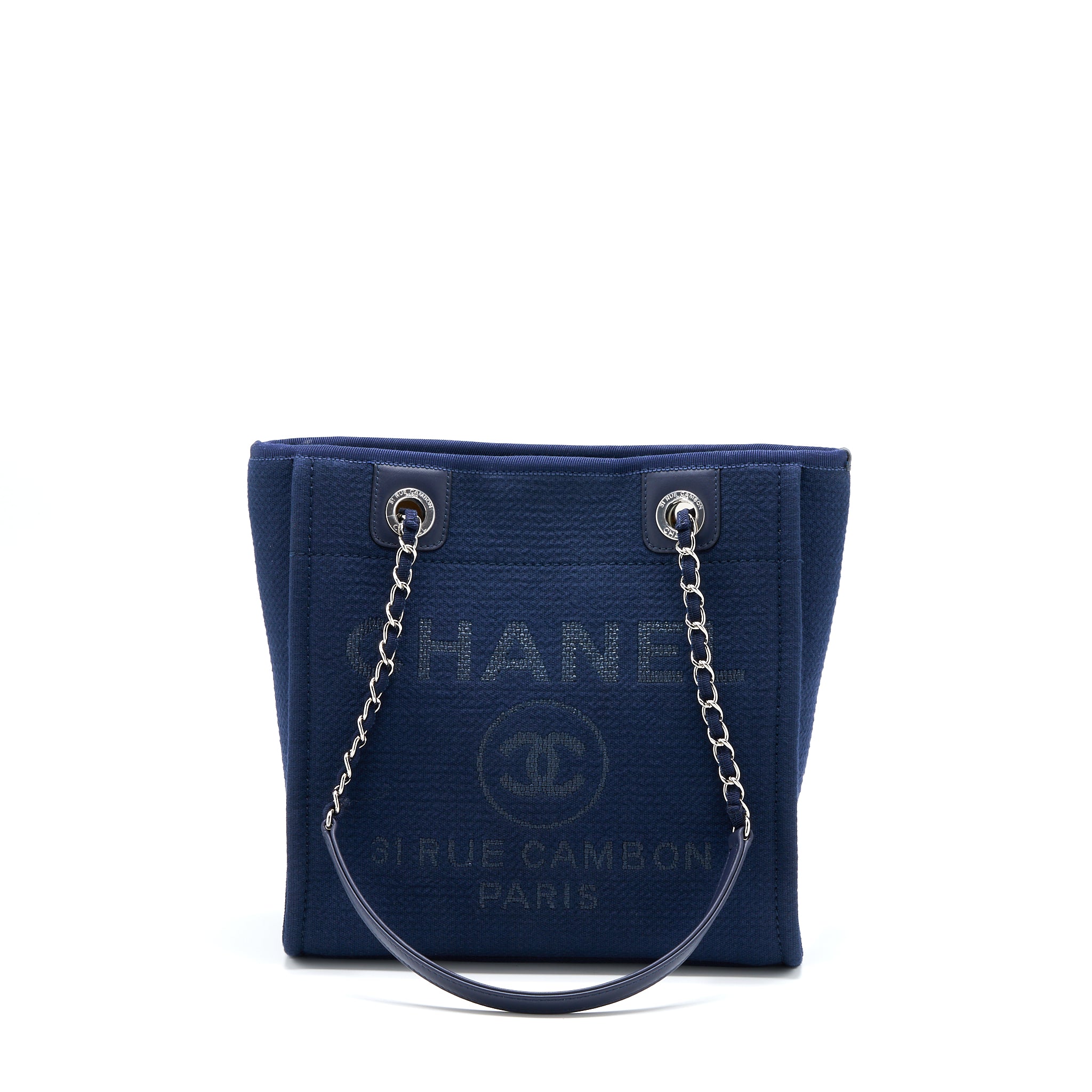 Chanel PM Deauville Tote Bag Canvas Navy SHW (Microchip)
