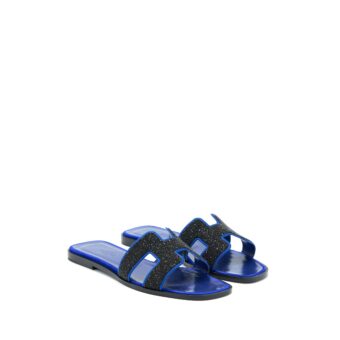 Hermes Size 37 Oran Sandal Crystal/Chevre Velours Black/Blue Saphir