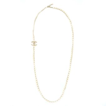 Chanel CC Logo Long Necklace Pearl Brushed Light Gold Tone