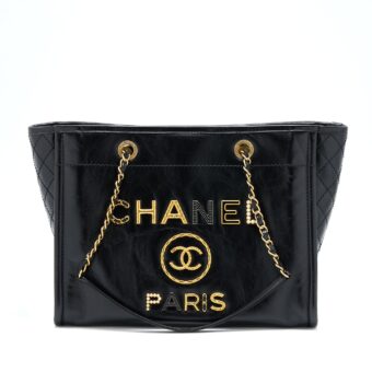 Chanel Deauville Tote Bag Calfskin Black With Detail Logo GHW