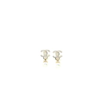 Chanel 22K CC Logo Drop Earrings Crystal/Pearl Light Gold Tone