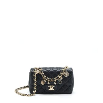 Chanel Mini Rectangular Flap Bag With Bag Charms Giant Chains Lambskin Black GHW