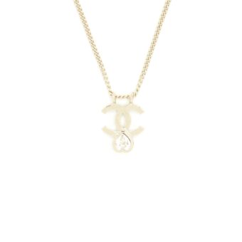 Chanel CC Logo And Crystal Necklace Light Gold Tone