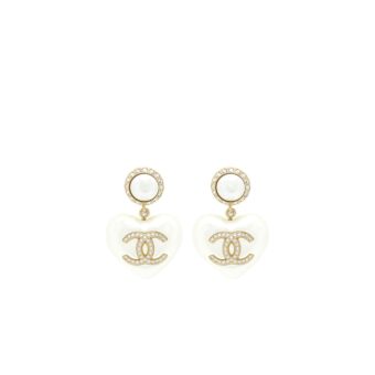 Chanel Heart Pearl Crystals CC Logo Earrings LGHW