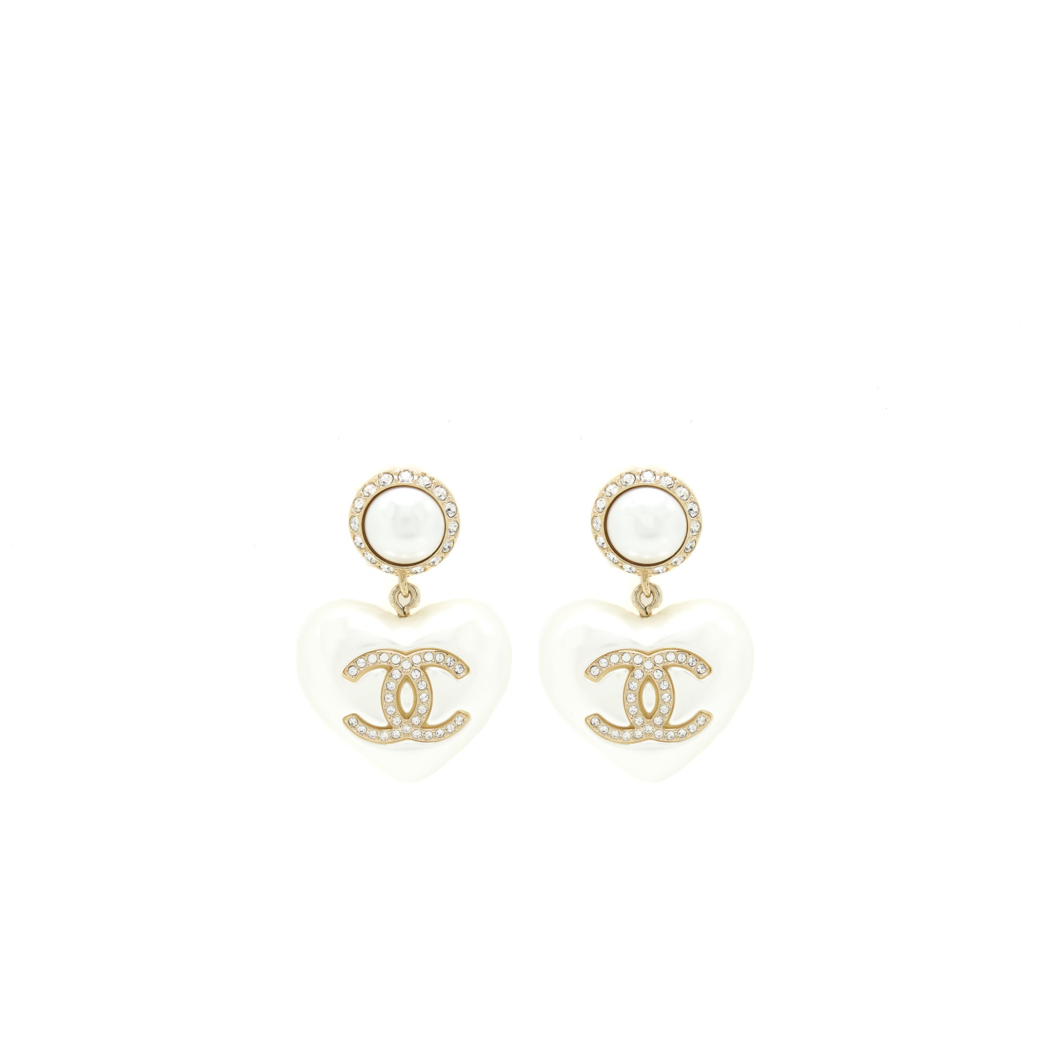 Chanel Heart Pearl Crystals CC Logo Earrings LGHW