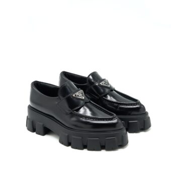 Prada Size 37 Monolith Brushed Leather Pointed Loafers Black