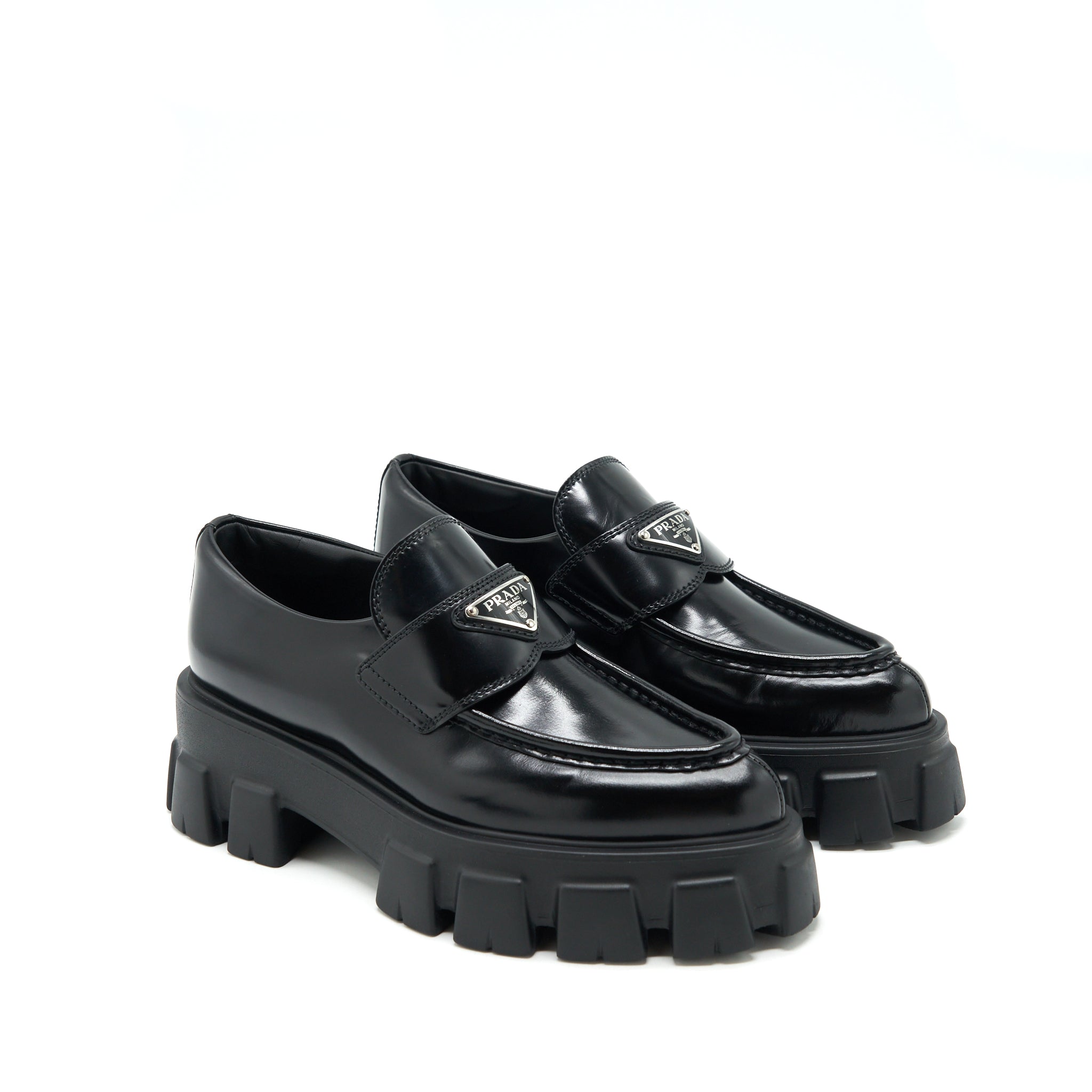Prada Size 37 Monolith Brushed Leather Pointed Loafers Black