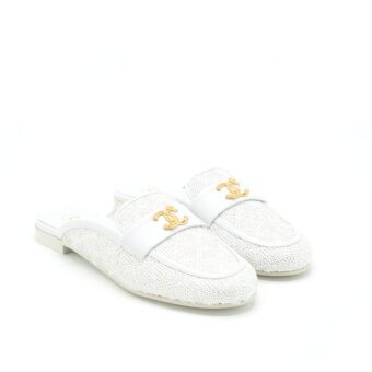 Chanel Size 38 CC Logo Sequins Lambskin Mule White GHW