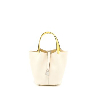 Hermes Picotin 18 Lock Touch Bag Clemence/Ostrich Handle Nata/Jaune Citron SHW Stamp Z